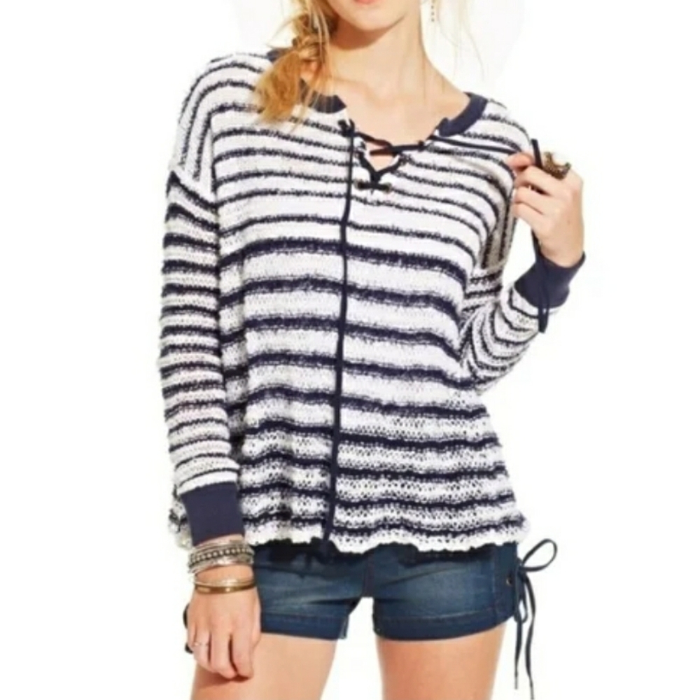 Free People Judy Punk Striped Sweater Womens S Oversized Loose Knit Navy Ivory